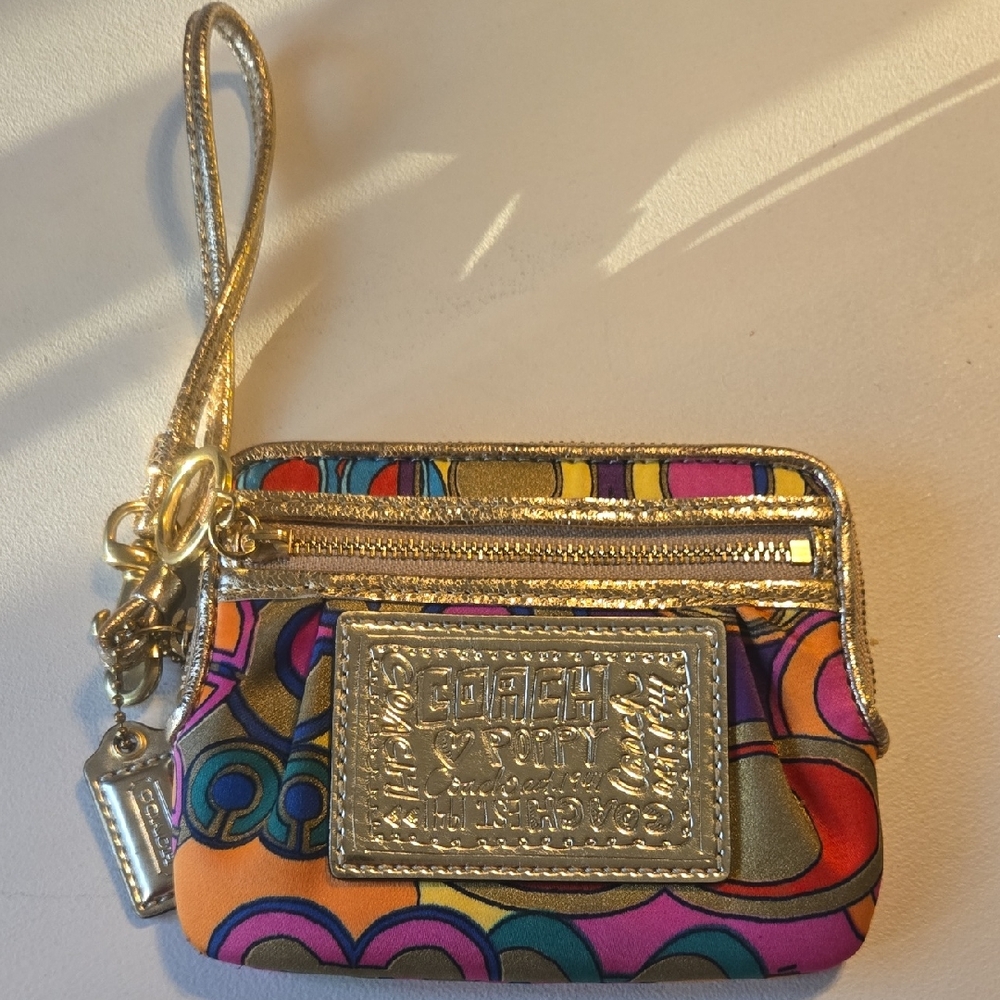 Coach Poppy Gold-Trim Wristlet Coin Purse